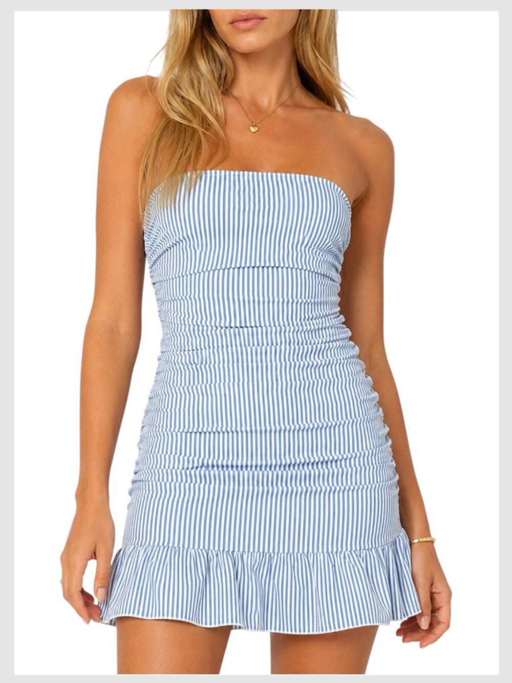 Edikted Gaia Strapless Ruched Mini Dress Blue White Stripe L